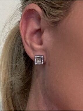 Silver Square Halo Stud Earrings with Clear Stones New